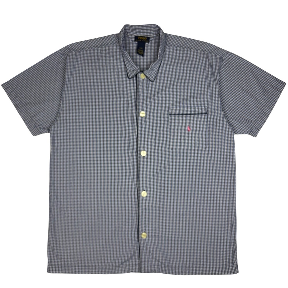Polo Ralph Lauren Pajama Top‎ Mens Large Blue Gingham Cotton Sleep Shirt Pocket